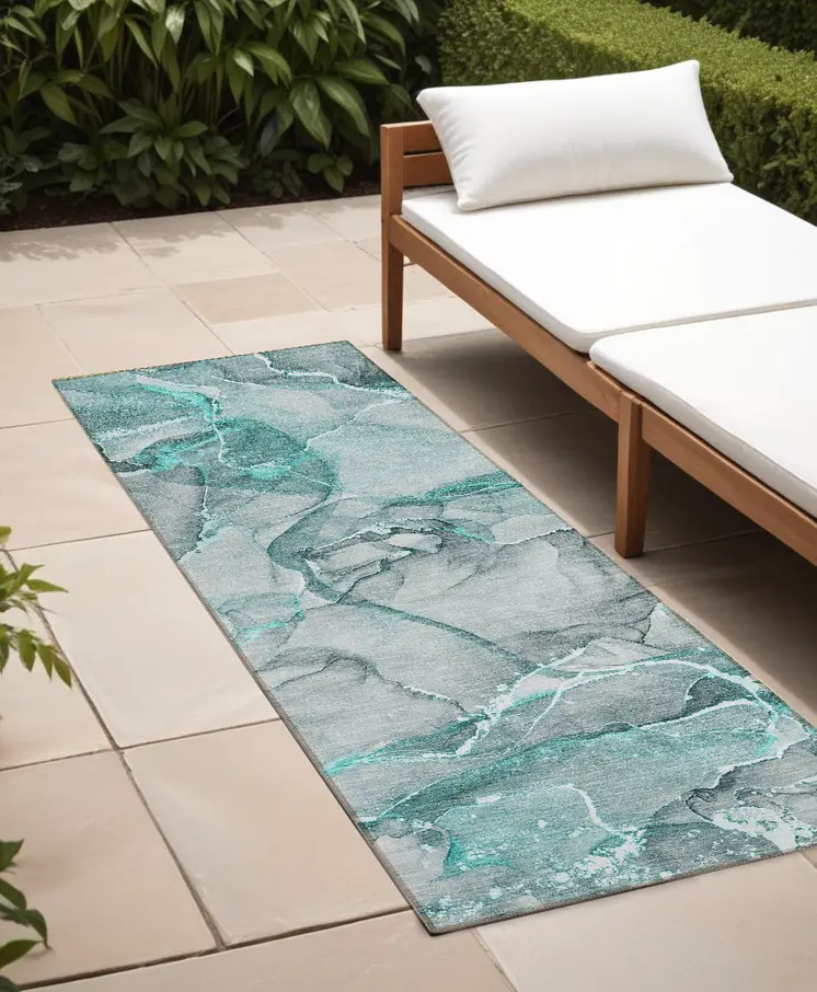 8' Runner Gray and Ivory Abstract Washable Non Skid Indoor Outdoor Runner Rug