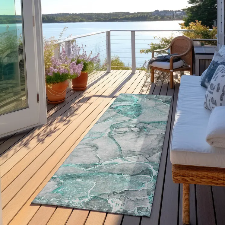 8' Runner Gray and Ivory Abstract Washable Non Skid Indoor Outdoor Runner Rug