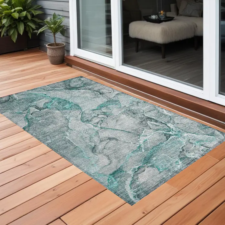 3' X 5' Gray and Ivory Abstract Washable Non Skid Indoor Outdoor Area Rug