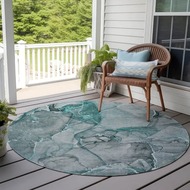 8' Round Gray and Ivory Round Abstract Washable Non Skid Indoor Outdoor Area Rug
