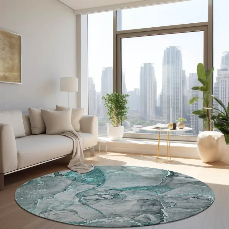 8' Round Gray and Ivory Round Abstract Washable Non Skid Indoor Outdoor Area Rug