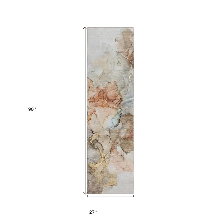8' Runner Beige Abstract Washable Non Skid Indoor Outdoor Runner Rug