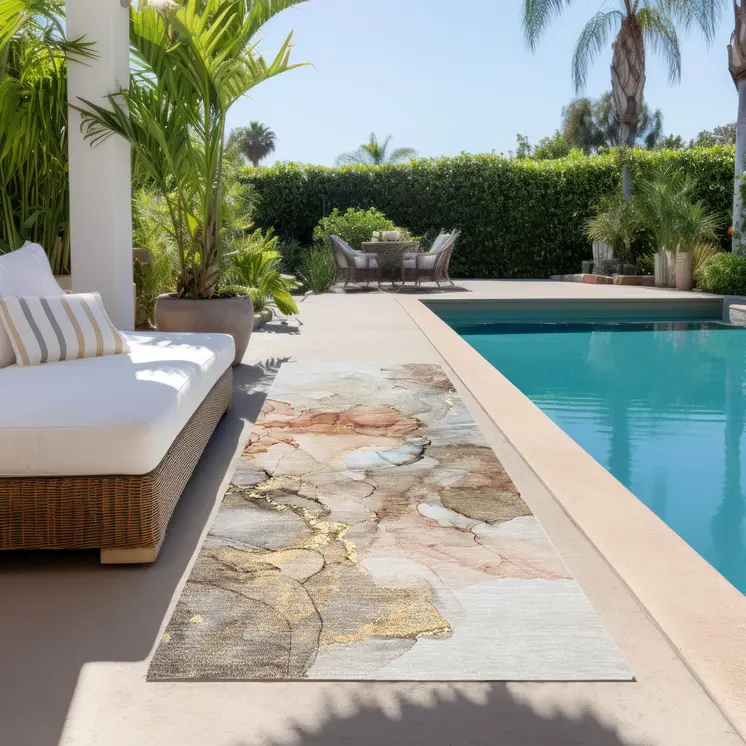 8' Runner Beige Abstract Washable Non Skid Indoor Outdoor Runner Rug