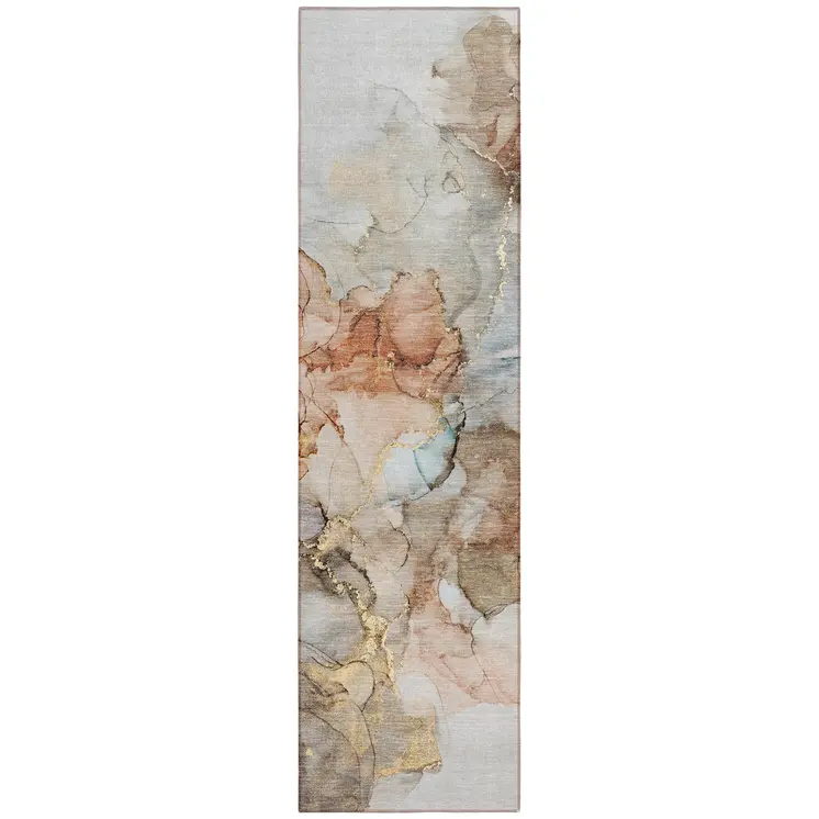 8' Runner Beige Abstract Washable Non Skid Indoor Outdoor Runner Rug