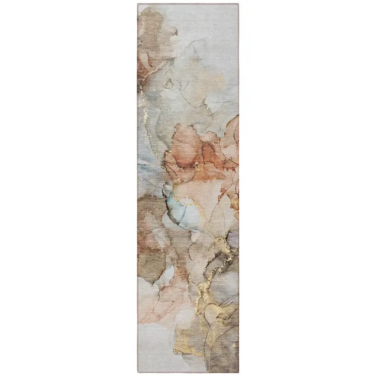 8' Runner Beige Abstract Washable Non Skid Indoor Outdoor Runner Rug