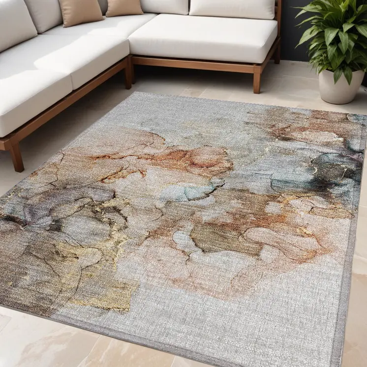 5' X 8' Beige Abstract Washable Non Skid Indoor Outdoor Area Rug