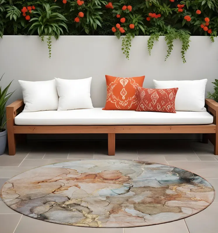 8' Round Beige Round Abstract Washable Non Skid Indoor Outdoor Area Rug