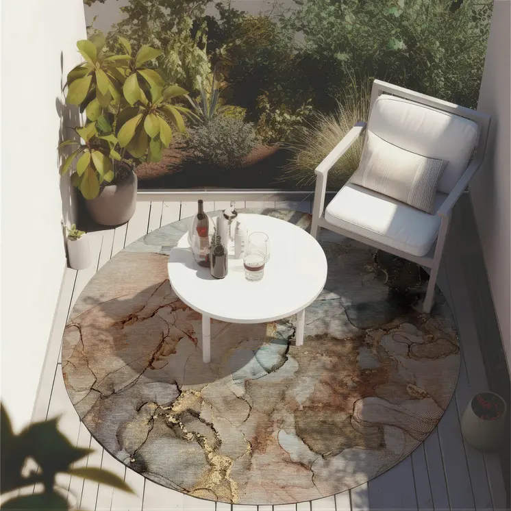 8' Round Beige Round Abstract Washable Non Skid Indoor Outdoor Area Rug