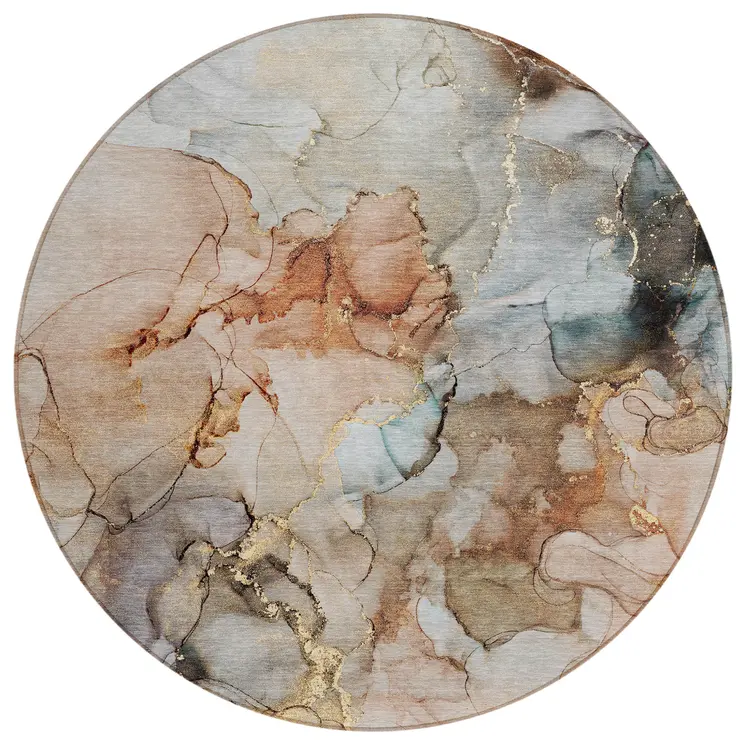 8' Round Beige Round Abstract Washable Non Skid Indoor Outdoor Area Rug