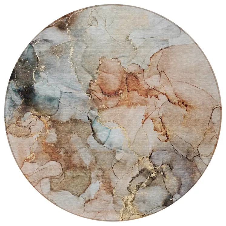 8' Round Beige Round Abstract Washable Non Skid Indoor Outdoor Area Rug