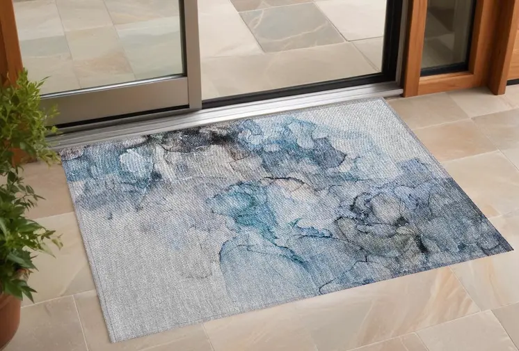 3' X 5' Blue and Gray Abstract Washable Non Skid Indoor Outdoor Area Rug