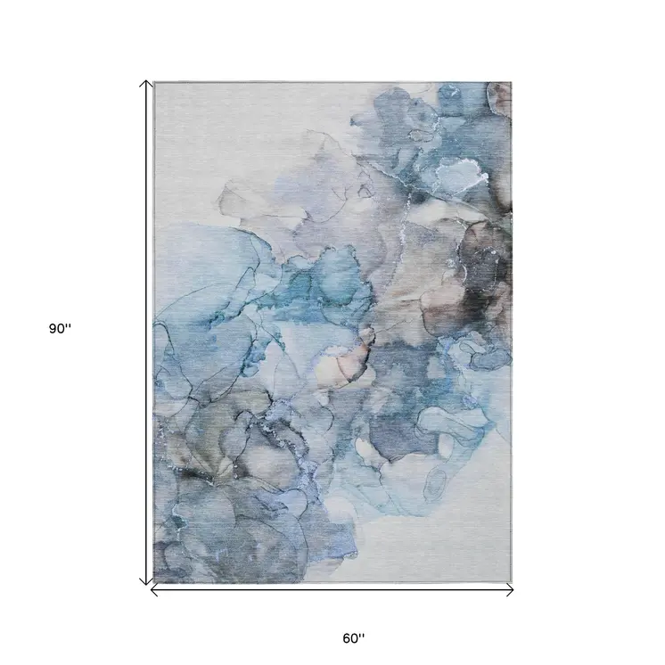 5' X 8' Blue and Gray Abstract Washable Non Skid Indoor Outdoor Area Rug