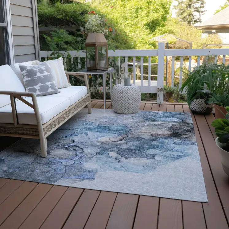5' X 8' Blue and Gray Abstract Washable Non Skid Indoor Outdoor Area Rug