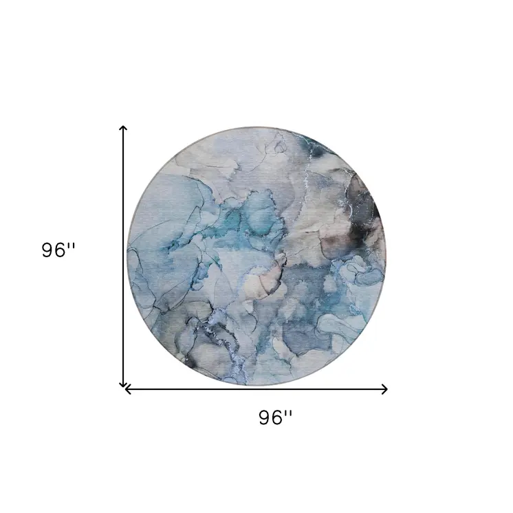 8' Round Blue and Gray Round Abstract Washable Non Skid Indoor Outdoor Area Rug