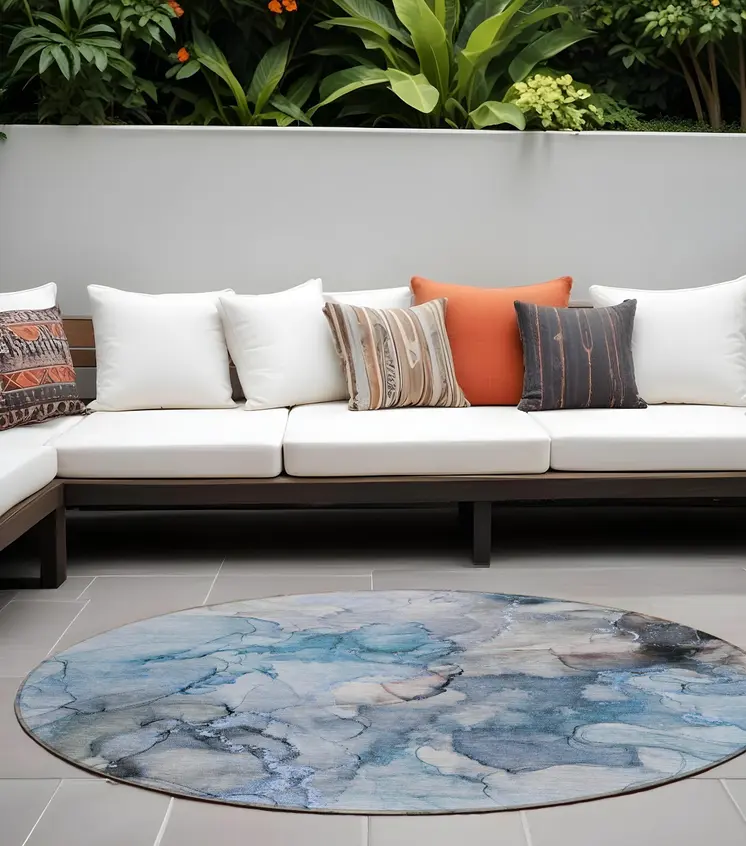 8' Round Blue and Gray Round Abstract Washable Non Skid Indoor Outdoor Area Rug