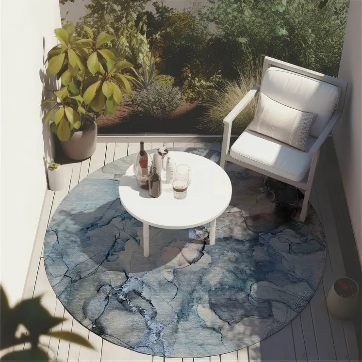 8' Round Blue and Gray Round Abstract Washable Non Skid Indoor Outdoor Area Rug