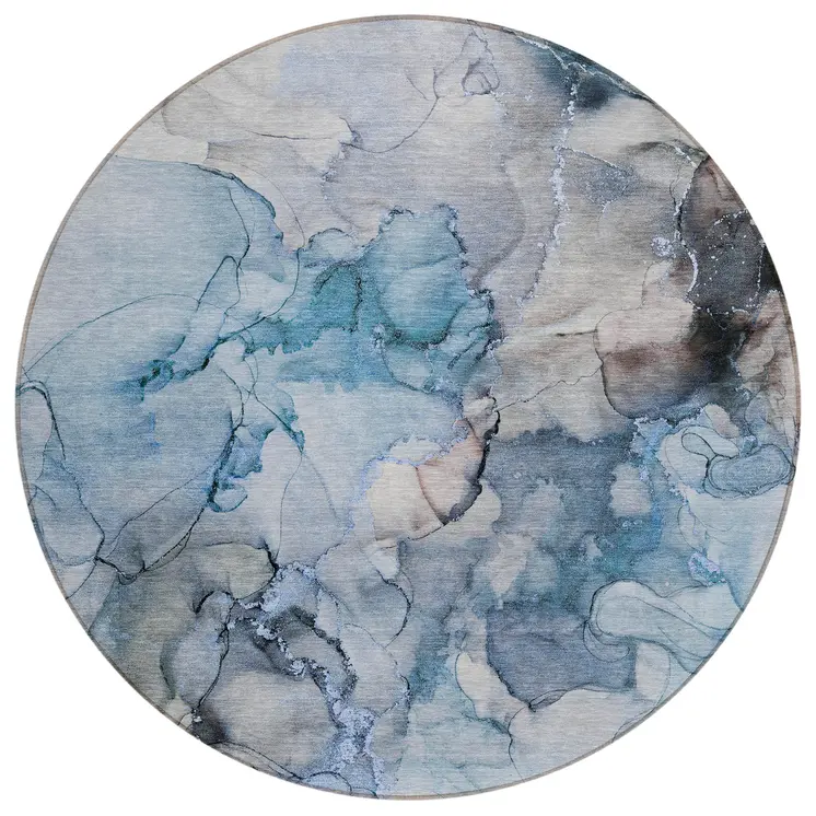 8' Round Blue and Gray Round Abstract Washable Non Skid Indoor Outdoor Area Rug