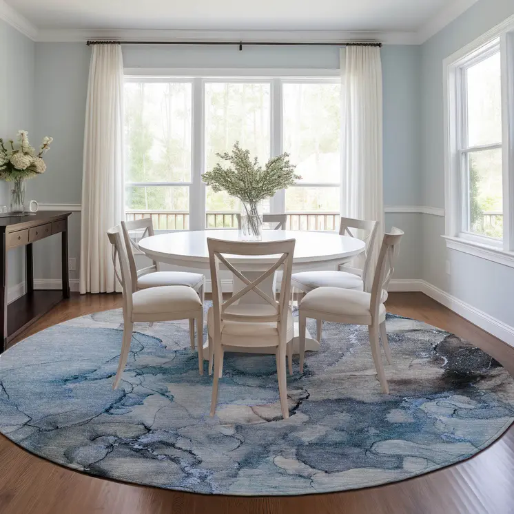8' Round Blue and Gray Round Abstract Washable Non Skid Indoor Outdoor Area Rug