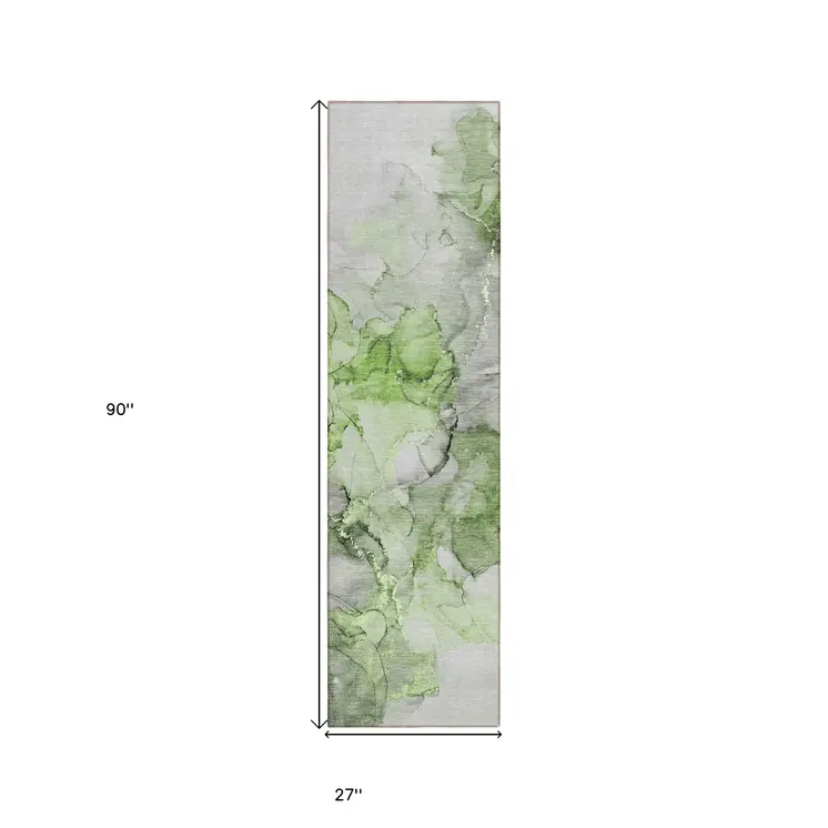 8' Runner Green Abstract Washable Non Skid Indoor Outdoor Runner Rug