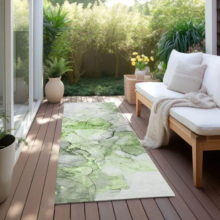 8' Runner Green Abstract Washable Non Skid Indoor Outdoor Runner Rug