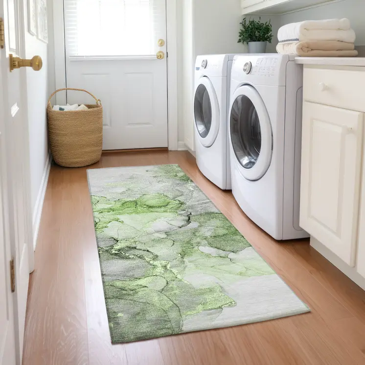 8' Runner Green Abstract Washable Non Skid Indoor Outdoor Runner Rug
