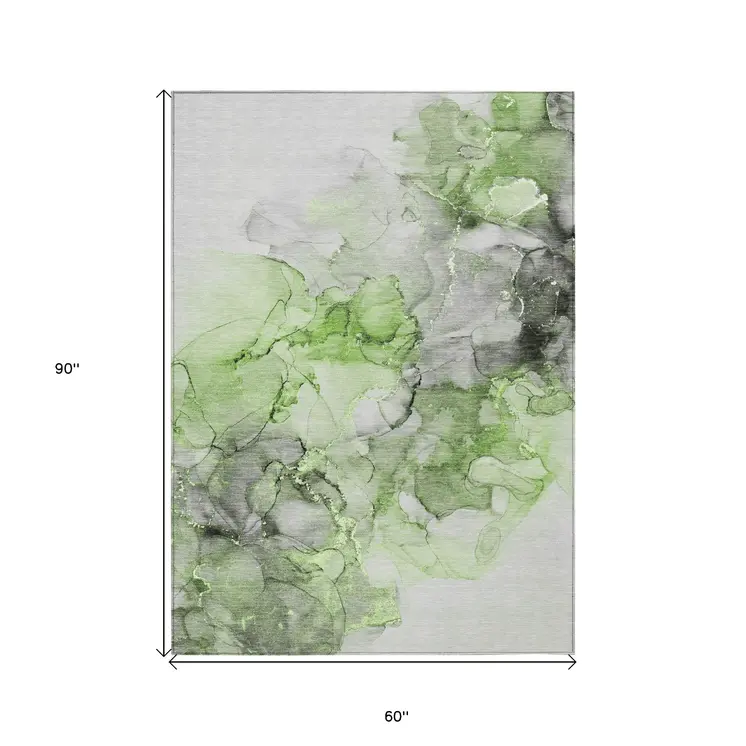 5' X 8' Green Abstract Washable Non Skid Indoor Outdoor Area Rug