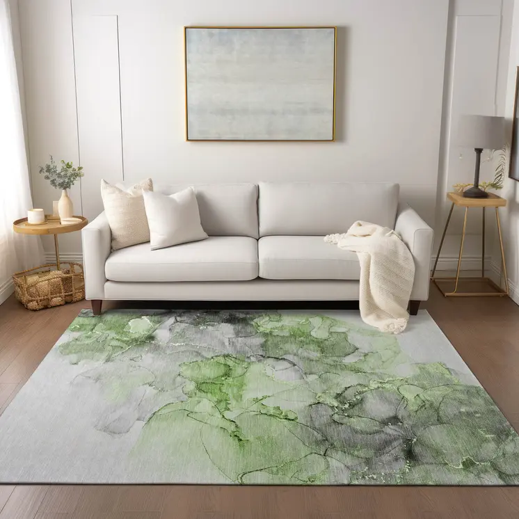 5' X 8' Green Abstract Washable Non Skid Indoor Outdoor Area Rug