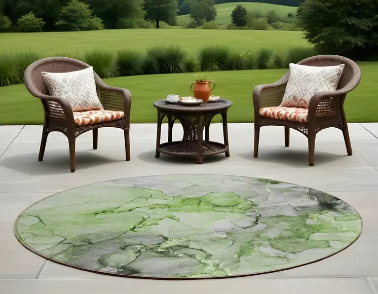 8' Round Green Round Abstract Washable Non Skid Indoor Outdoor Area Rug