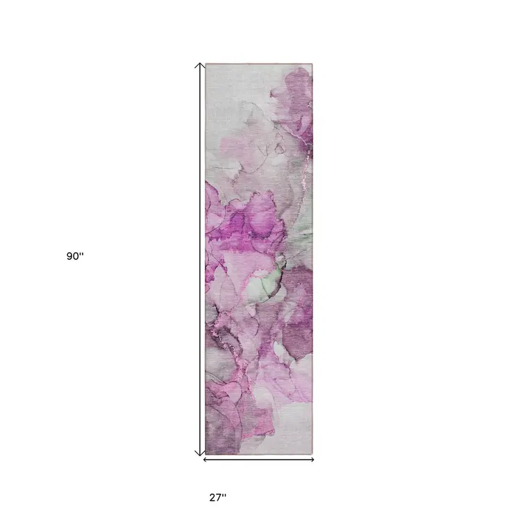 8' Runner Gray and Purple Abstract Washable Non Skid Indoor Outdoor Runner Rug