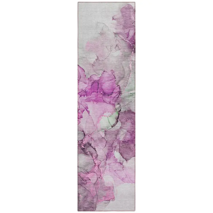 8' Runner Gray and Purple Abstract Washable Non Skid Indoor Outdoor Runner Rug