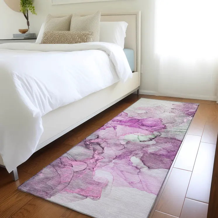 8' Runner Gray and Purple Abstract Washable Non Skid Indoor Outdoor Runner Rug