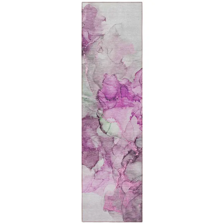 8' Runner Gray and Purple Abstract Washable Non Skid Indoor Outdoor Runner Rug