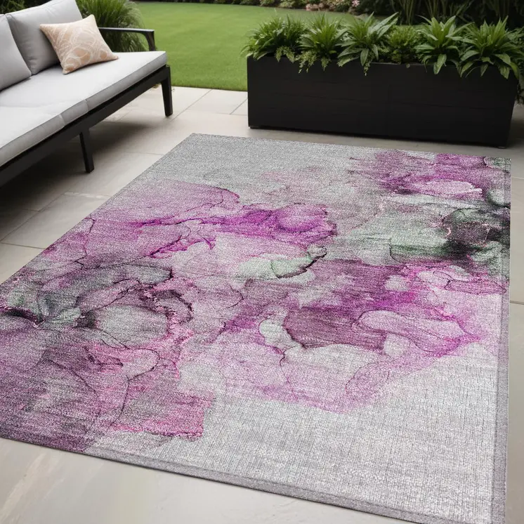 5' X 8' Gray and Purple Abstract Washable Non Skid Indoor Outdoor Area Rug