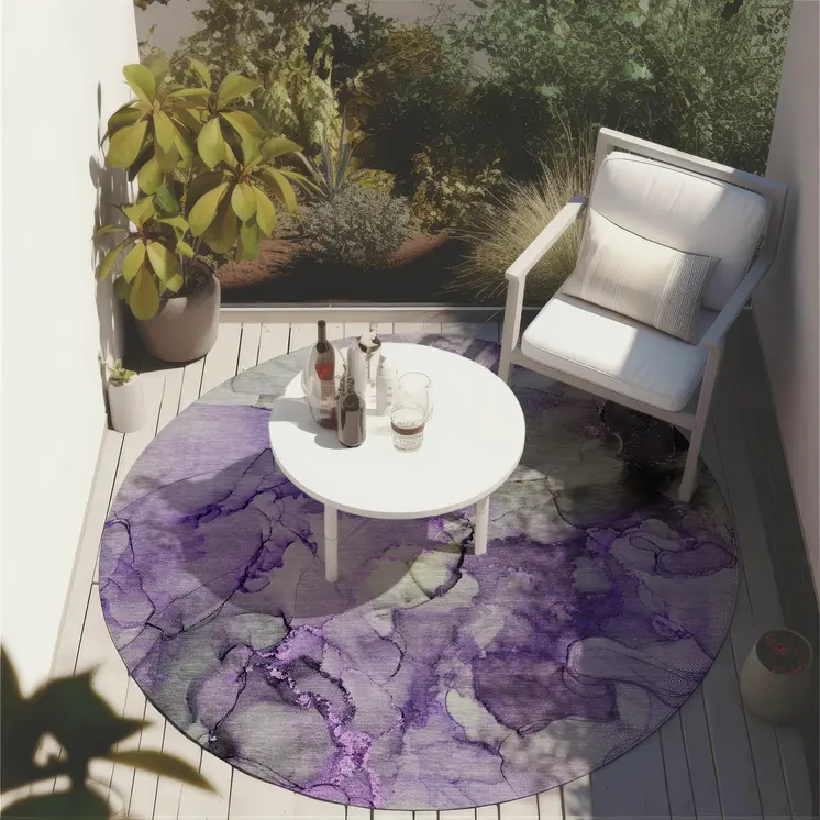 8' Round Purple Round Abstract Washable Non Skid Indoor Outdoor Area Rug