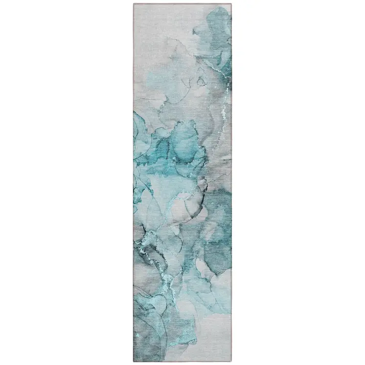8' Runner Teal Abstract Washable Non Skid Indoor Outdoor Runner Rug