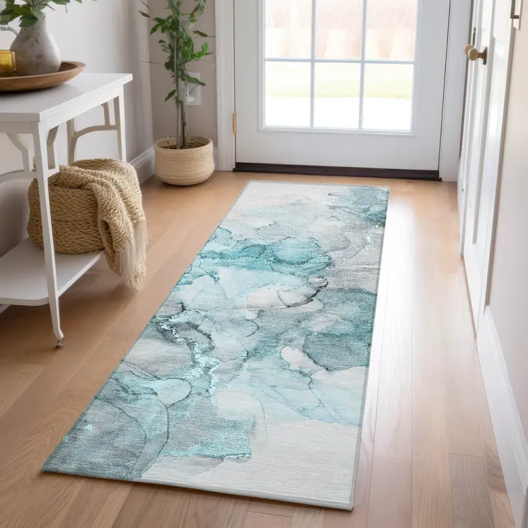 8' Runner Teal Abstract Washable Non Skid Indoor Outdoor Runner Rug