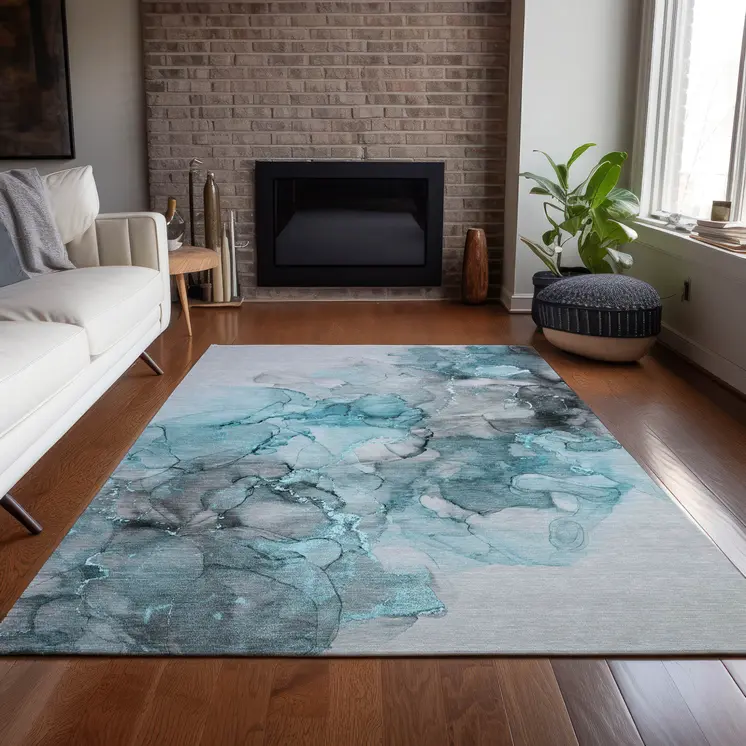 3' X 5' Teal Abstract Washable Non Skid Indoor Outdoor Area Rug