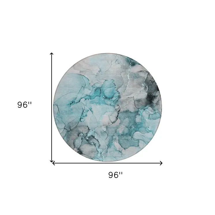 8' Round Teal Round Abstract Washable Non Skid Indoor Outdoor Area Rug