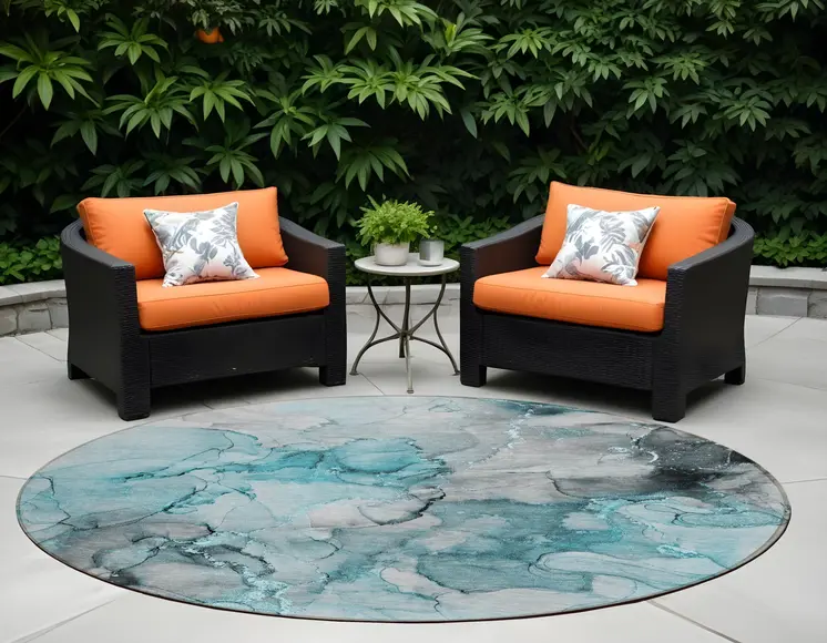 8' Round Teal Round Abstract Washable Non Skid Indoor Outdoor Area Rug