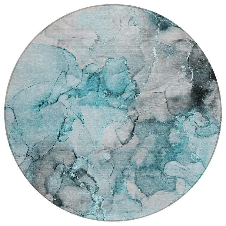 8' Round Teal Round Abstract Washable Non Skid Indoor Outdoor Area Rug
