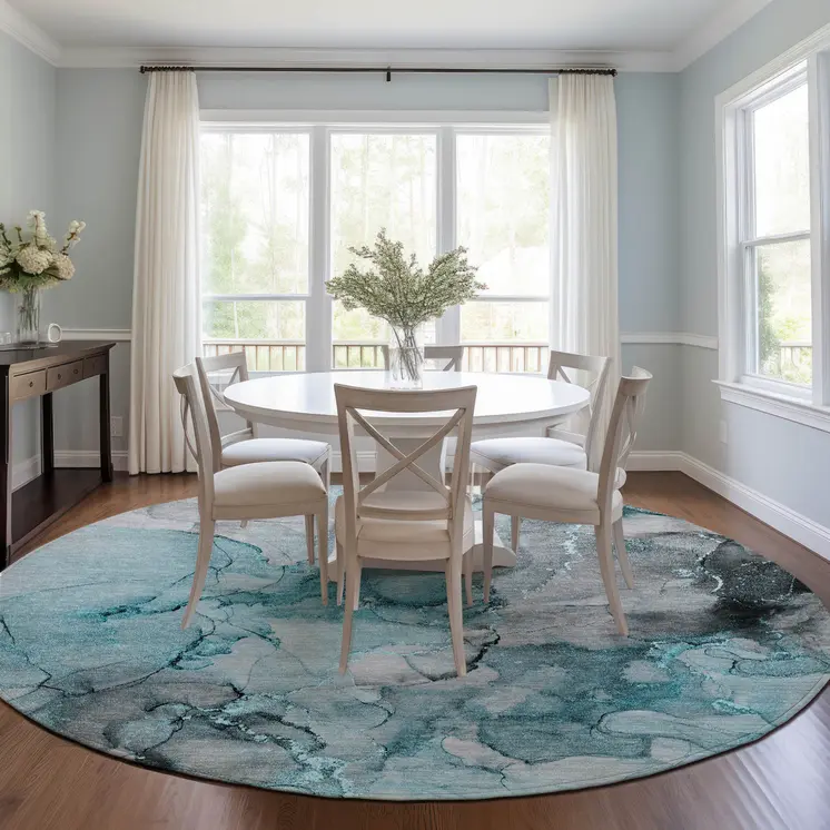 8' Round Teal Round Abstract Washable Non Skid Indoor Outdoor Area Rug