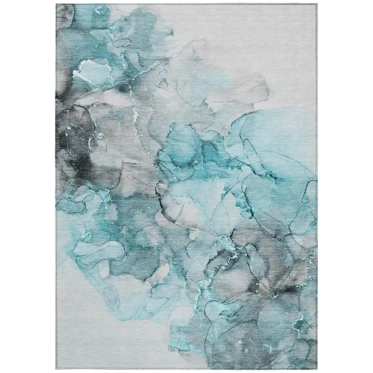 8' X 10' Teal Abstract Washable Non Skid Indoor Outdoor Area Rug