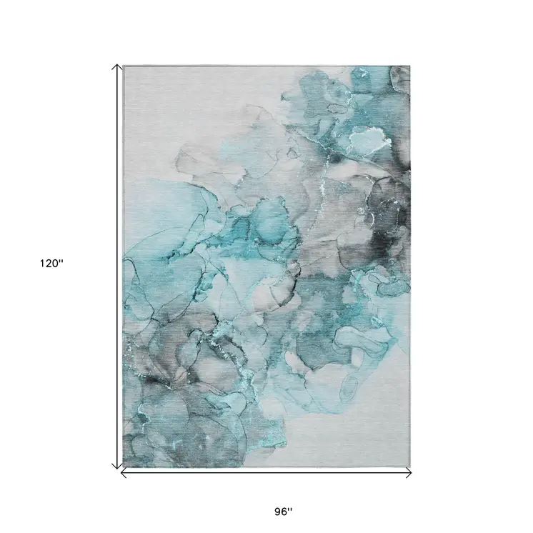 8' X 10' Teal Abstract Washable Non Skid Indoor Outdoor Area Rug