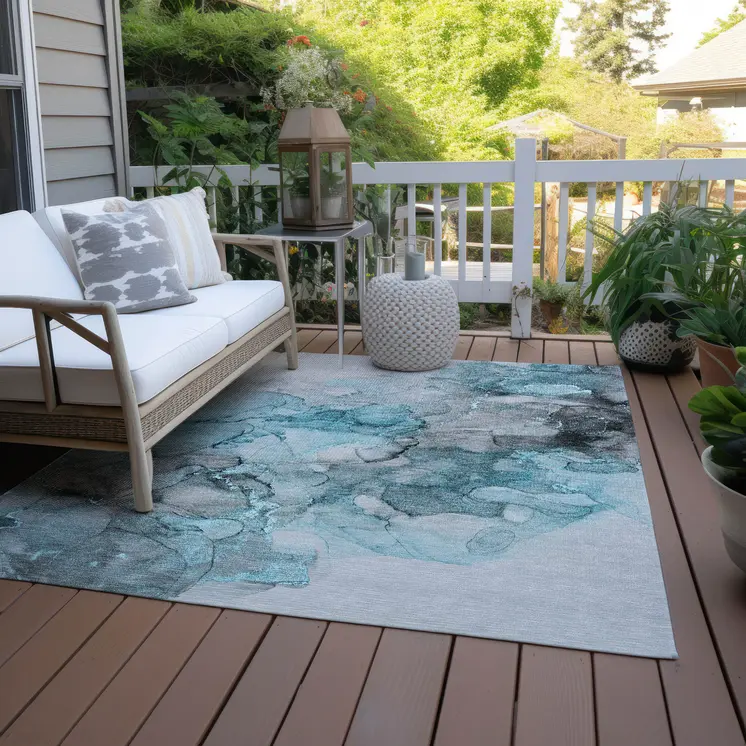 8' X 10' Teal Abstract Washable Non Skid Indoor Outdoor Area Rug