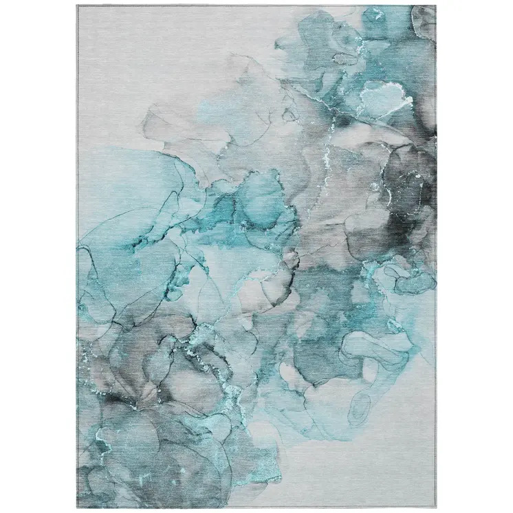 8' X 10' Teal Abstract Washable Non Skid Indoor Outdoor Area Rug
