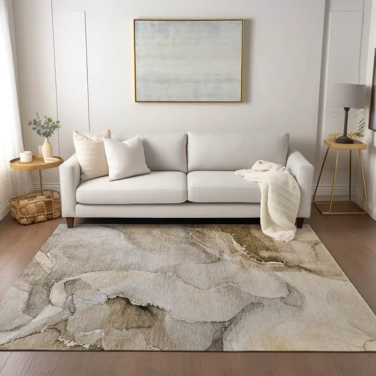 9' X 12' Beige and Brown Abstract Washable Indoor Outdoor Area Rug