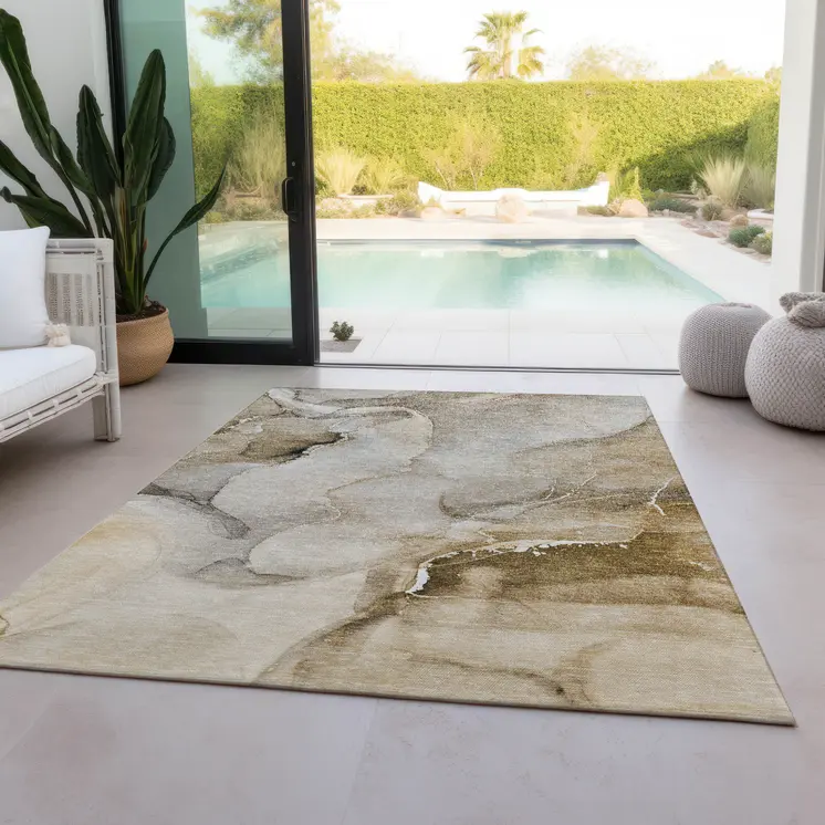 9' X 12' Beige and Brown Abstract Washable Indoor Outdoor Area Rug
