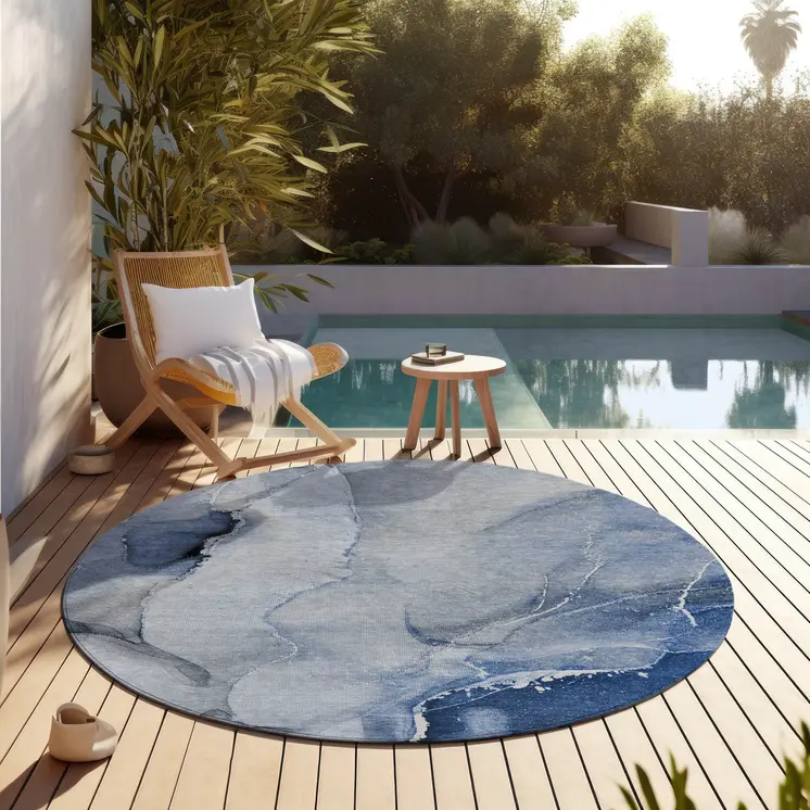 8' Round Blue and Gray Round Abstract Washable Non Skid Indoor Outdoor Area Rug