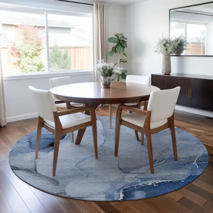 8' Round Blue and Gray Round Abstract Washable Non Skid Indoor Outdoor Area Rug