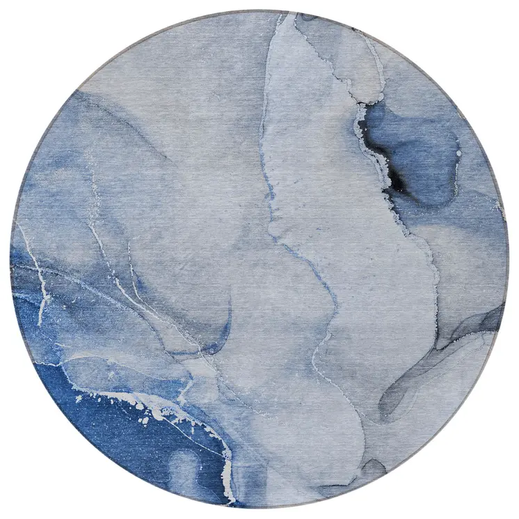 8' Round Blue and Gray Round Abstract Washable Non Skid Indoor Outdoor Area Rug